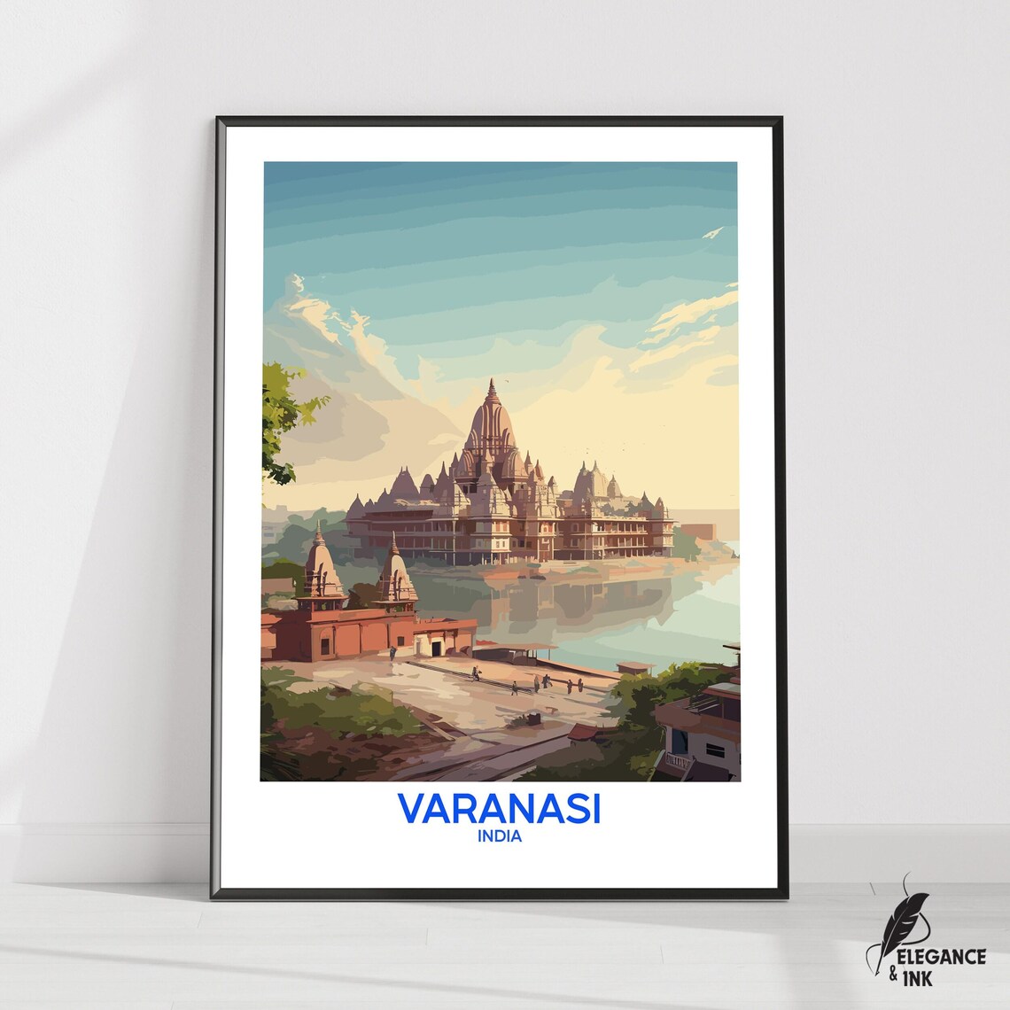Varanasi India Temple Ghats Riverbank Morning Illustrated Poster