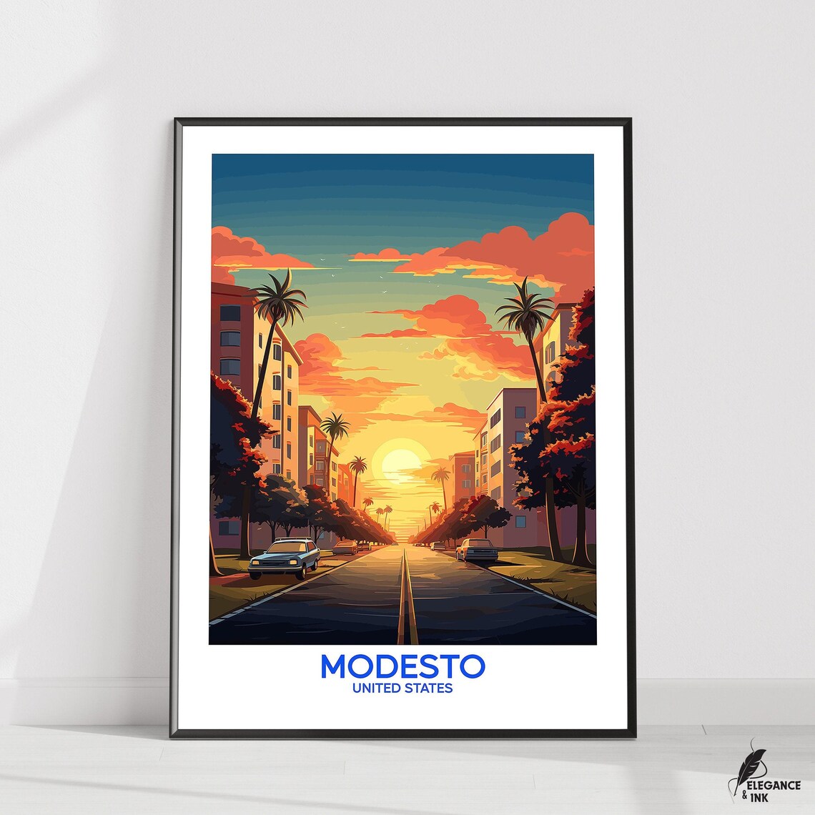 Modesto United States Sunset Palm Tree City Street Travel Poster