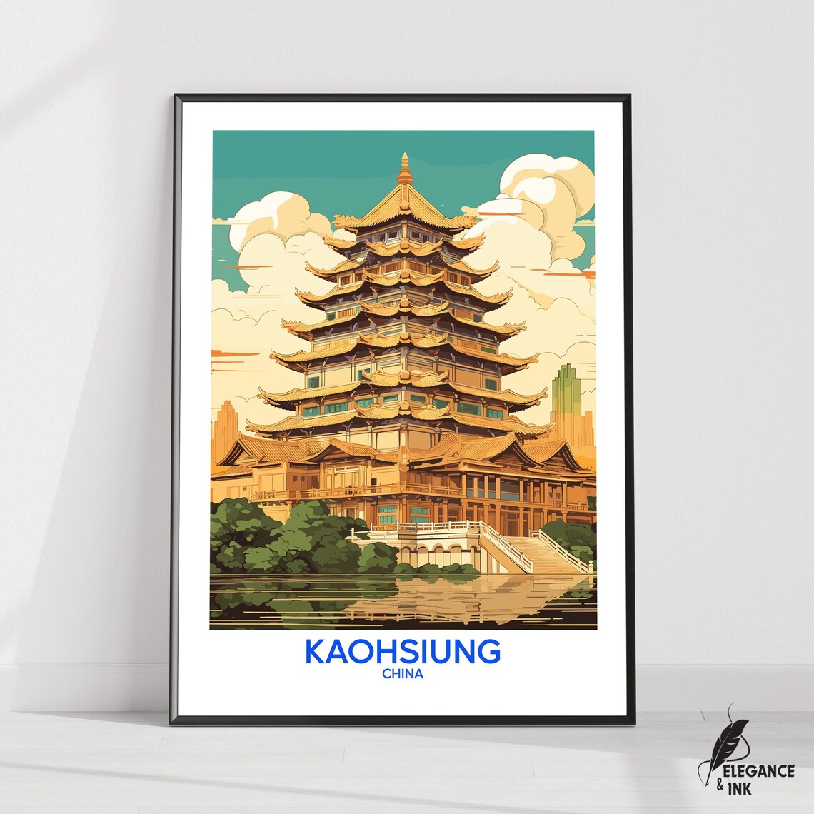 Kaohsiung China Riverside Grand Pagoda Tower Travel Art Poster