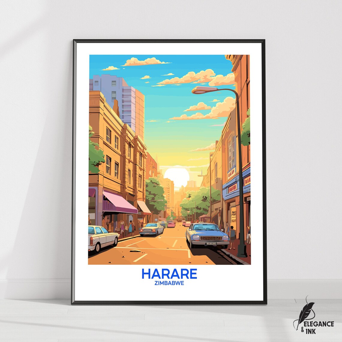 Harare Zimbabwe Golden Sunset Street Scene Vintage Travel Poster