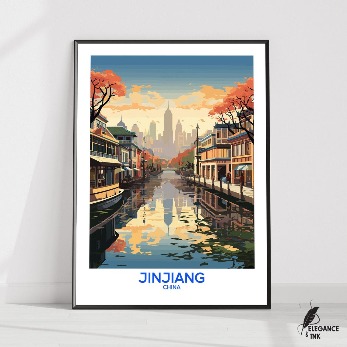 Jinjiang China Canal Waterfront Sunset Skyline Lower Caption Poster