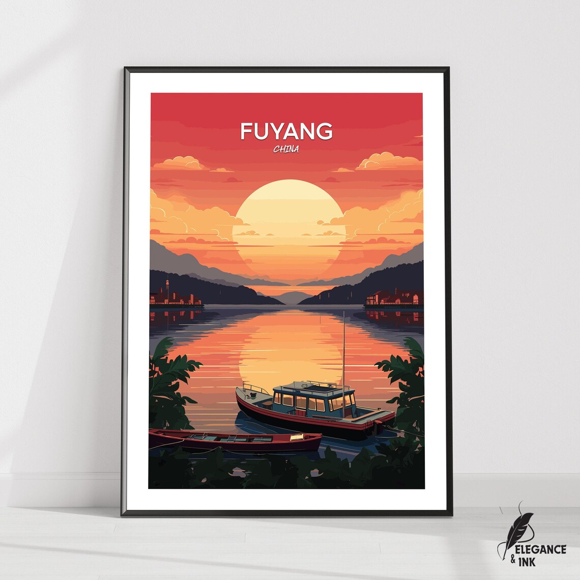 Fuyang China Giant Red Sunset Travel Poster with Boats on a Calm Lake