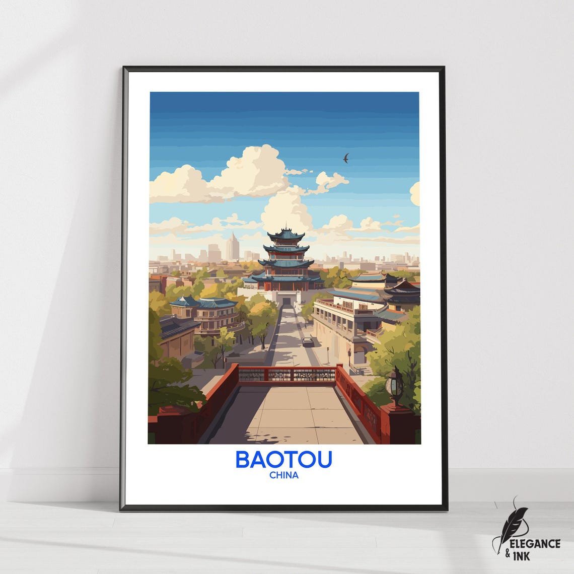 Baotou China Pagoda Temple Bridge View Scenic Travel Poster Art