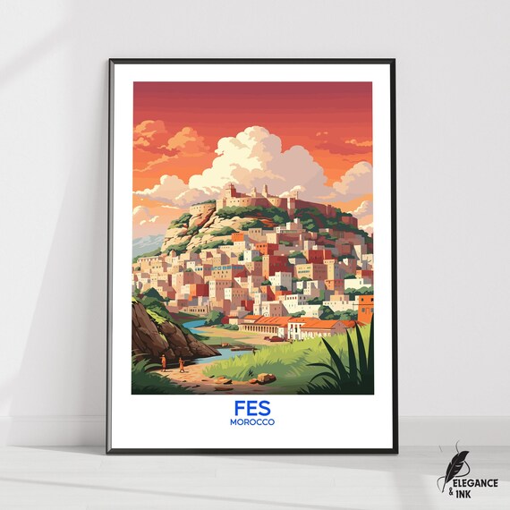 Fes Wall Hanging Posterfes Flat Vector Illustration Canvasmorocco Handmade Wooden Frame And Unframed Colorful Vintage Gift
