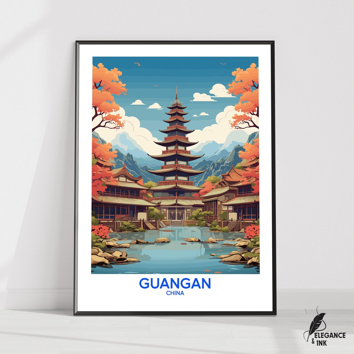 Guangan China Pagoda Sunset River Reflection Retro Travel Poster