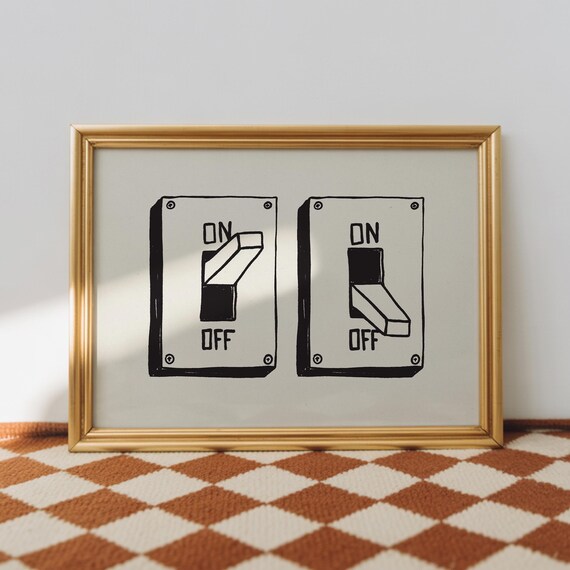 On Off Light Switch Minimalist Poster Hand Drawn Black White Graphic Art