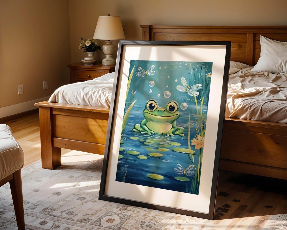 Cute Frog Lily Pad Pond Dragonflies Art Print Trendy Wall Room Decor Prints Poster Gift - Image 4