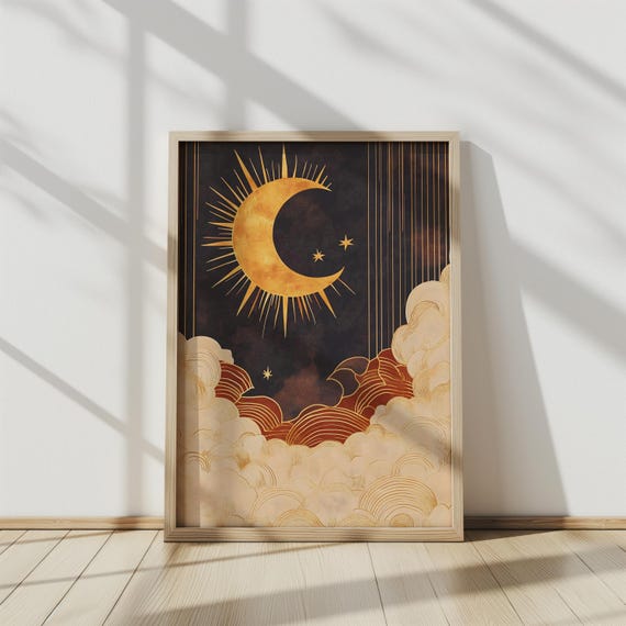 Boho Celestial Moon Stars Modern Wall Art Mystical Gold Crescent Print Dark Sky Dreamy Night Cloud Home Bedroom Office Decor