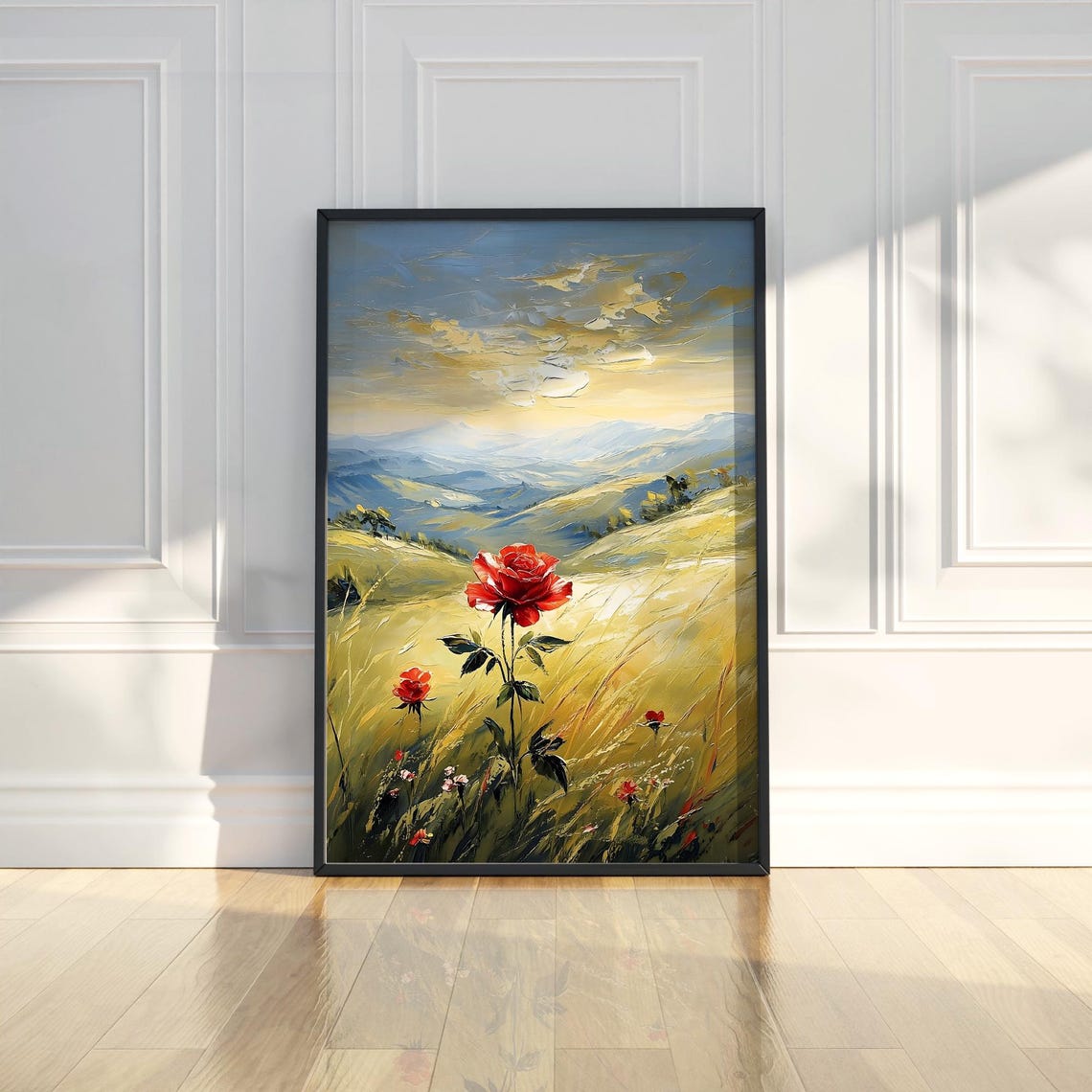 Red Rose Field Mountain Landscape Golden Sunset Oil Painting Poster