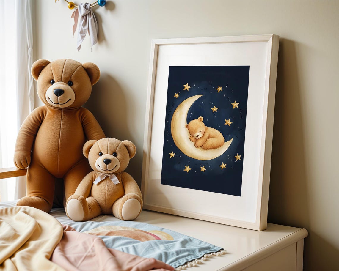 Cute Sleeping Baby Teddy Bear On Moon Night Sky Nursery Wall Art - Image 5