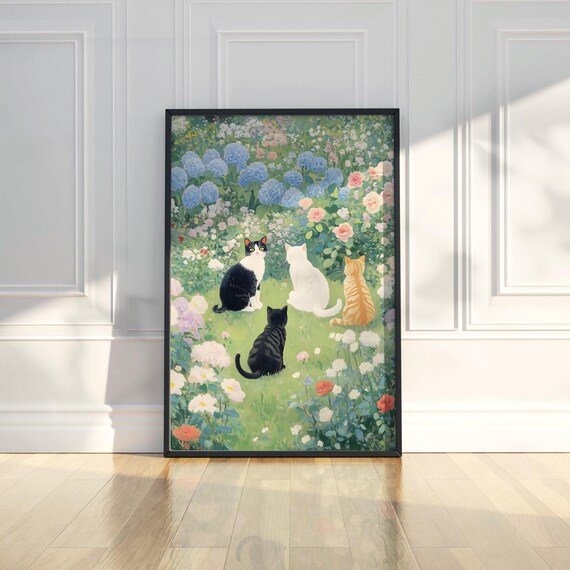 Four Cats in Flower Garden Hydrangea Rose Watercolor Style Poster