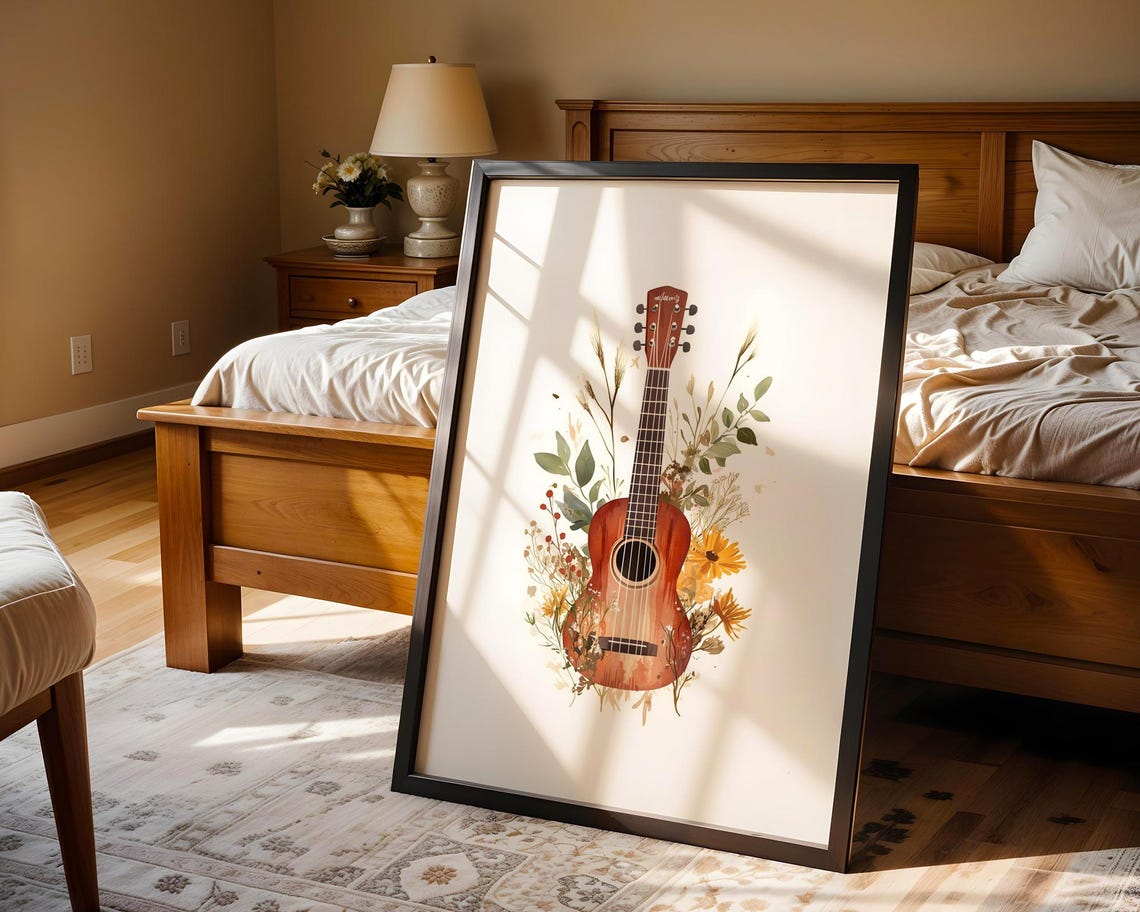 Acoustic Guitar Watercolor Boho Floral Botanical Music Art Poster - Image 5