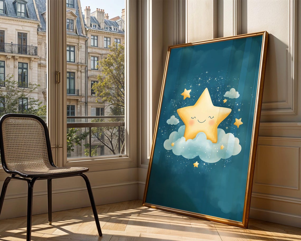 Sleeping Star Clouds Night Sky Cute Kids Nursery Room Art Print - Image 3