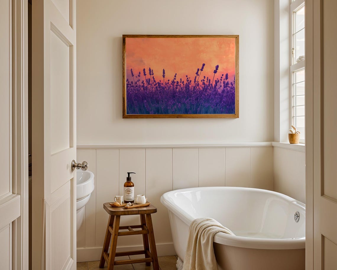 Purple Lavender Field Sunset Sky Warm Landscape Nature Wall Art - Image 3