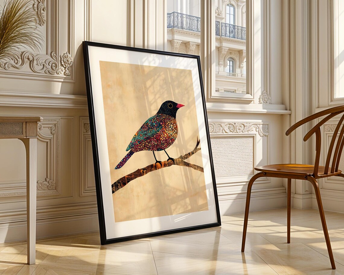 Colorful Mosaic Songbird On Branch Black Head Red Beak Wall Print
