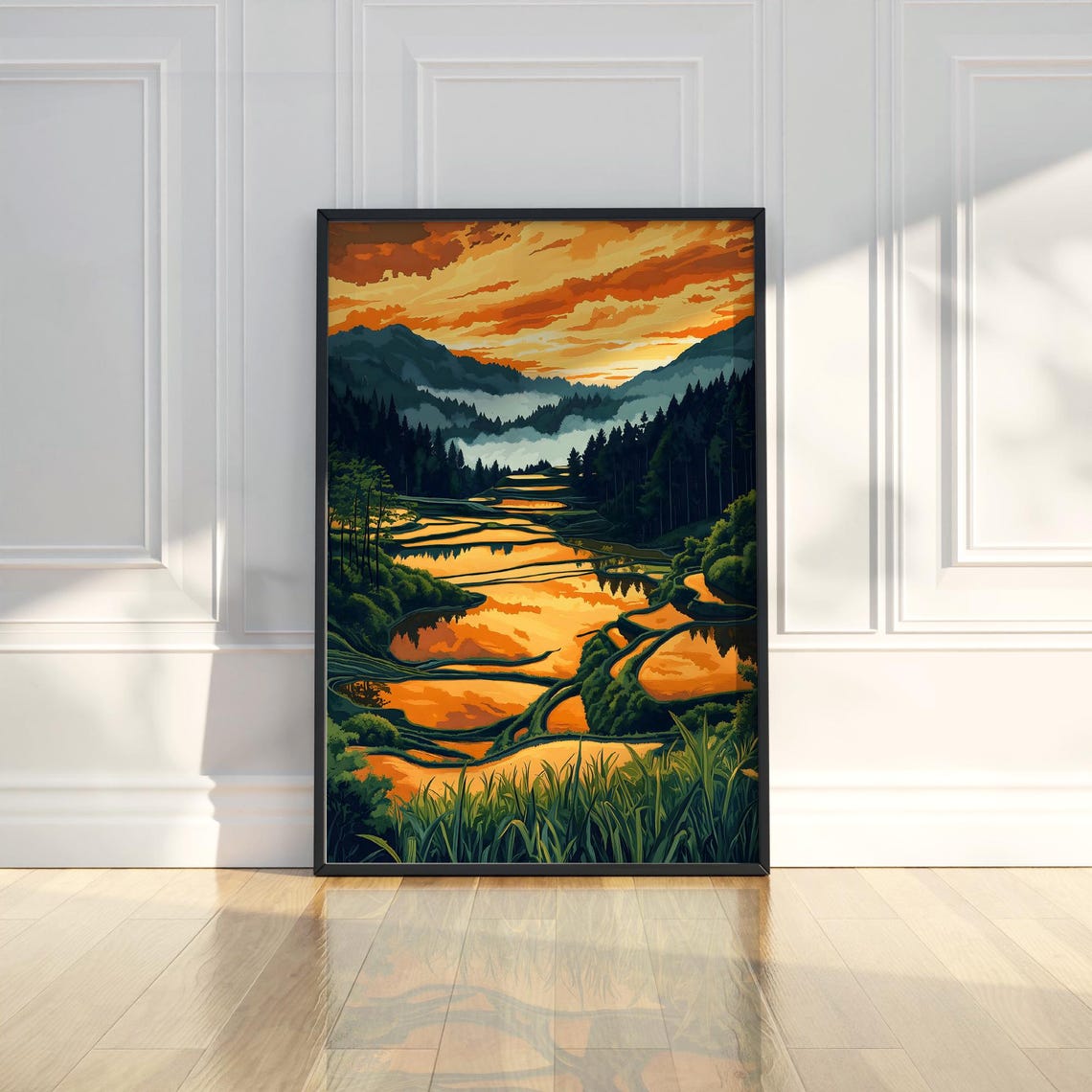 Vibrant Sunset Rice Terraces Colorful Painting Landscape Poster