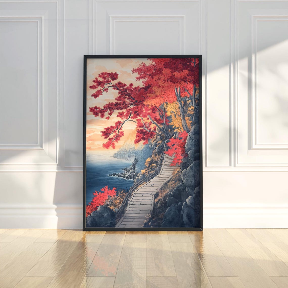 Japanese Coastal Cliff Walkway Art Poster with Red Maple Trees