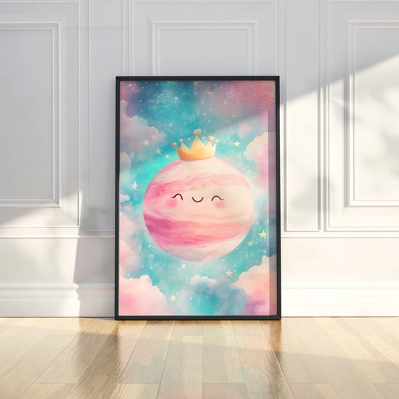Cute Kawaii Nursery Planet Wall Art Print Adorable Space Decor Kids Baby Room Playroom Pastel Cosmic Crown Gift