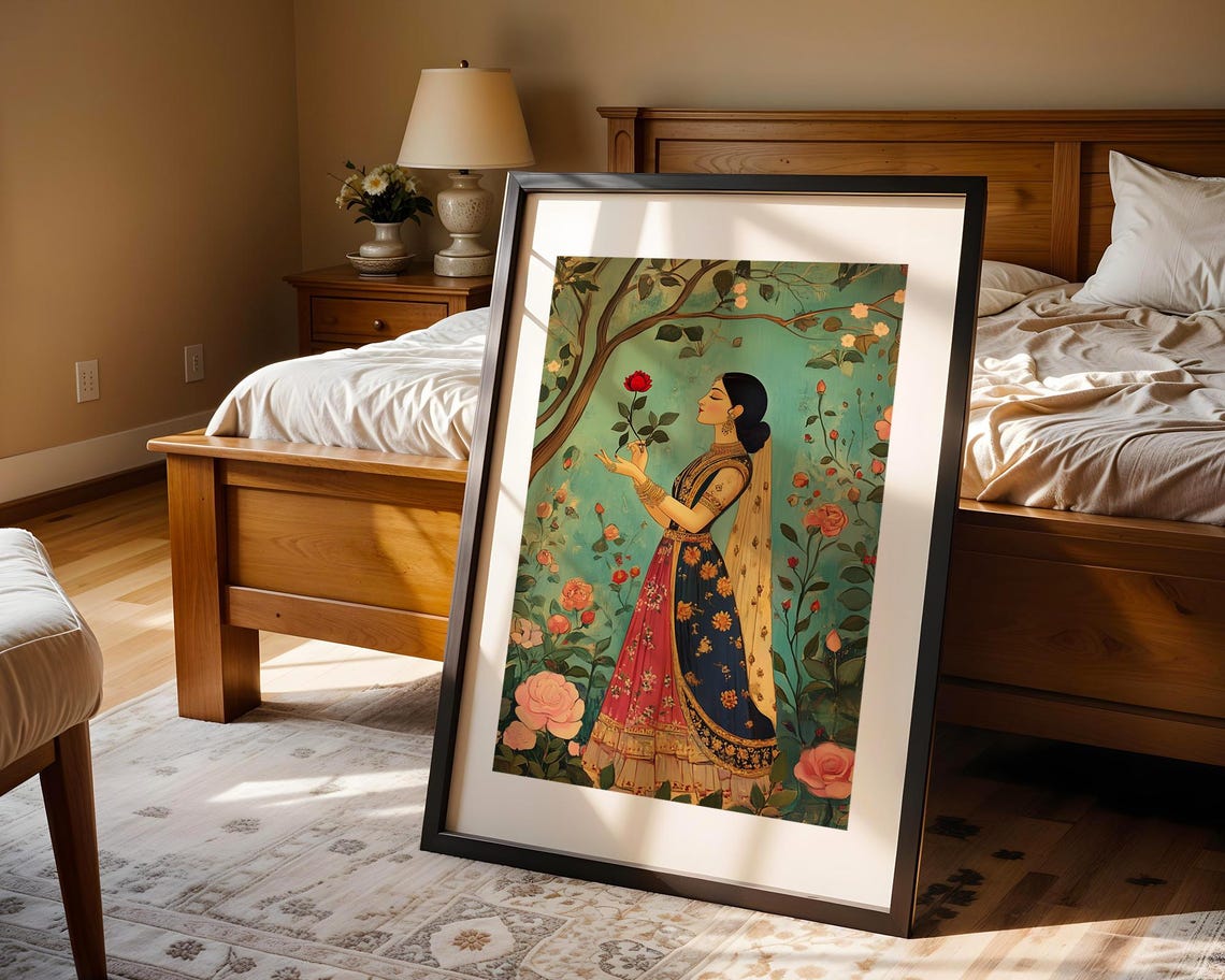 Traditional Indian Woman Red Rose Garden Mughal Style Art Poster - Image 4
