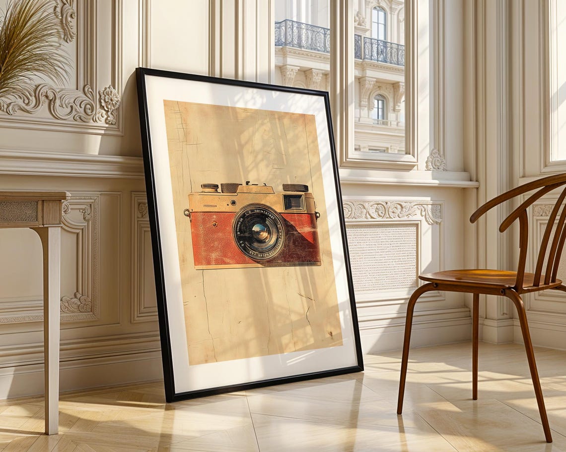 Vintage Rangefinder Camera Tan And Red Leather On Wood Poster - Image 4