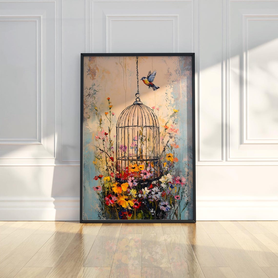 Bluebird Freedom Above Birdcage with Wildflowers Painting Poster
