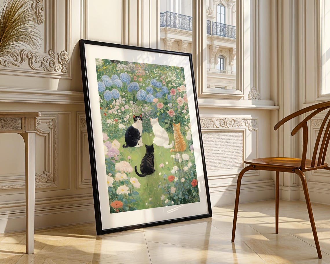 Four Cats in Flower Garden Hydrangea Rose Watercolor Style Poster - Image 3