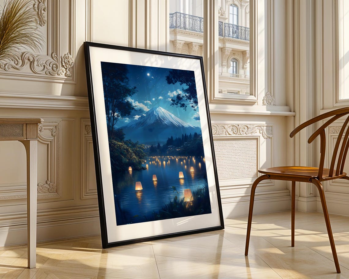 Mount Fuji Night Lantern Festival Lake Starry Sky Art Poster - Image 3