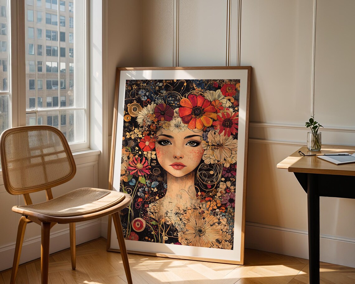 Woman Portrait Blooming Flowers Decorative Art Nouveau Style Poster - Image 3