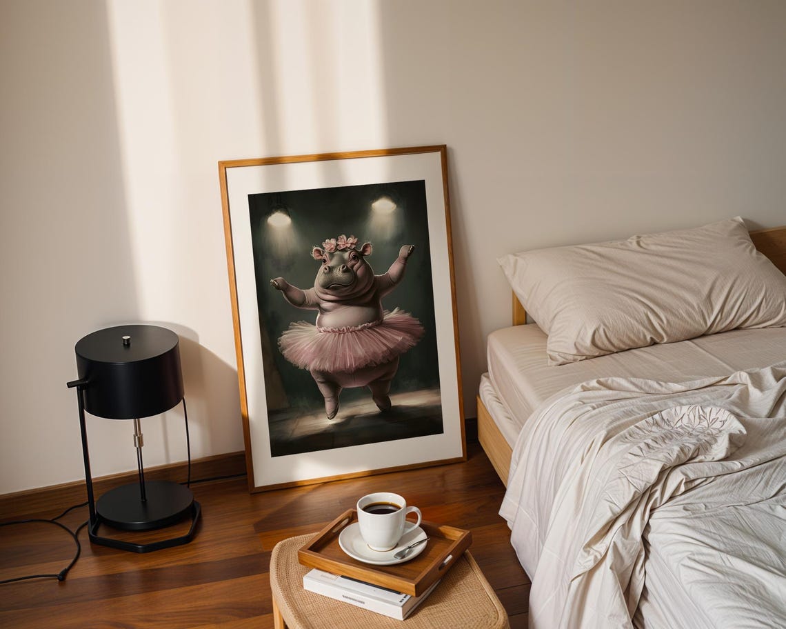 Whimsical Hippo Ballerina Pink Tutu Dance Art Trendy Wall Room Decor Print Poster Funny - Image 2