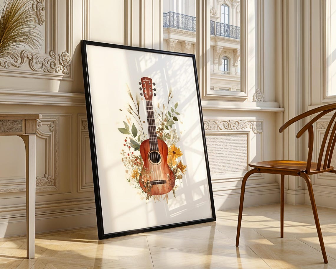 Acoustic Guitar Watercolor Boho Floral Botanical Music Art Poster - Image 4