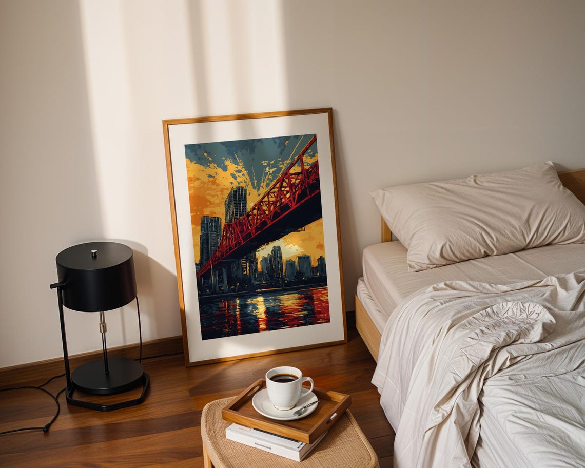 Red Steel Bridge Sunset City Skyline Vintage Pop Artwork Art Poster - Image 2