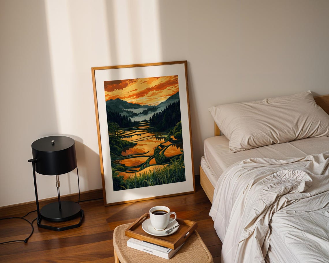 Vibrant Sunset Rice Terraces Colorful Painting Landscape Poster - Image 2