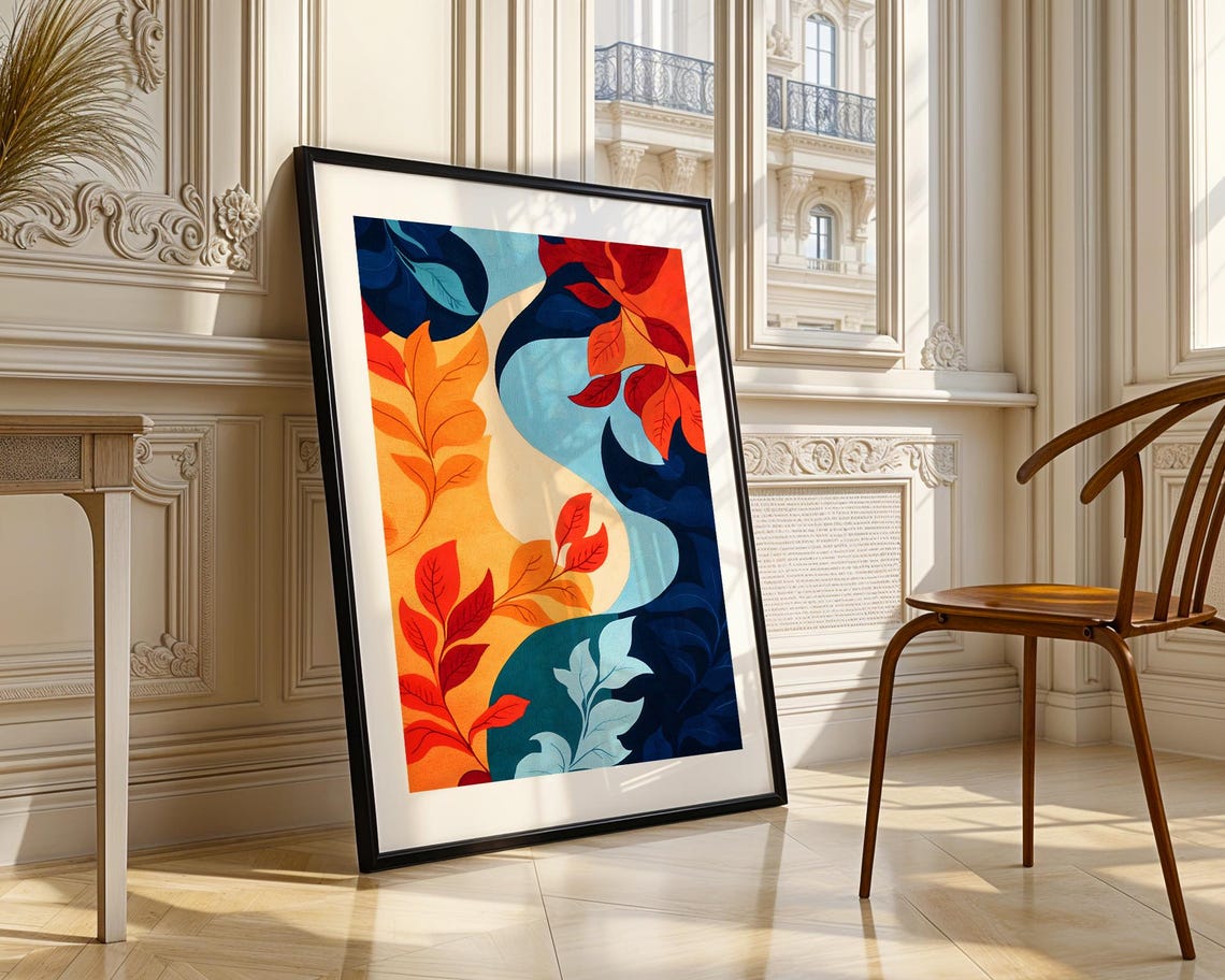 Winding Path Autumn Leaves Red Blue Abstract Nature Art Print - Image 3