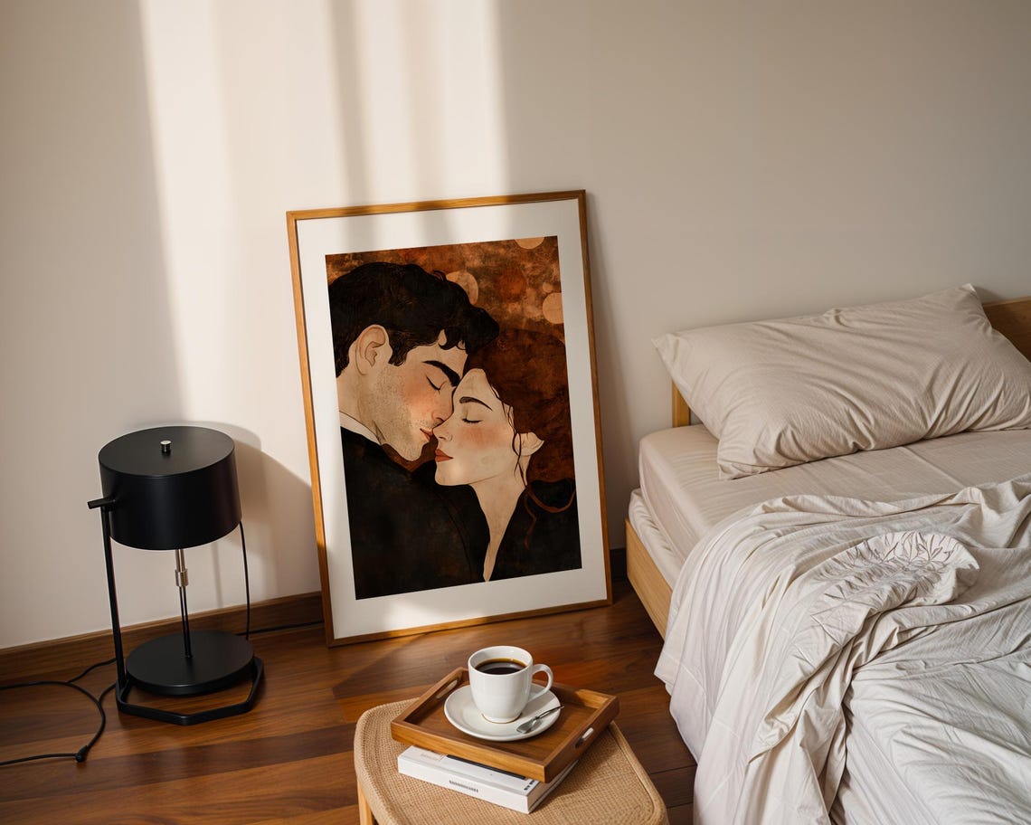 Golden Klimt Style Couple Embrace Intimate Romantic Art Poster - Image 2