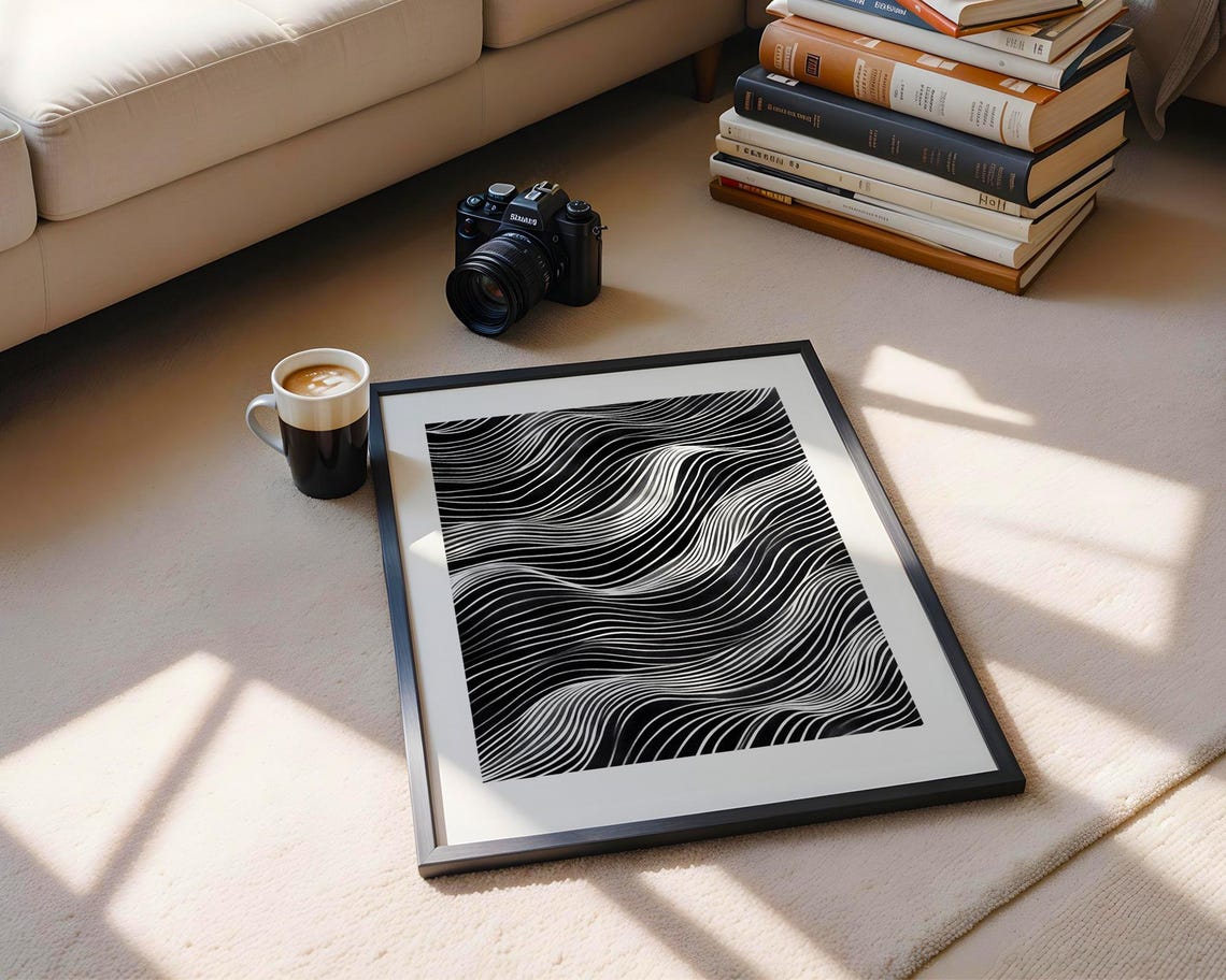 Abstract Ocean Waves Black White Line Art Modern Monochrome Poster - Image 6