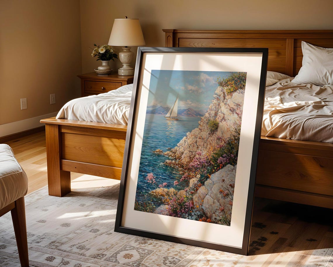 Sailboat by Rocky Flowered Coast Impressionist Oil Painting Poster - Image 4