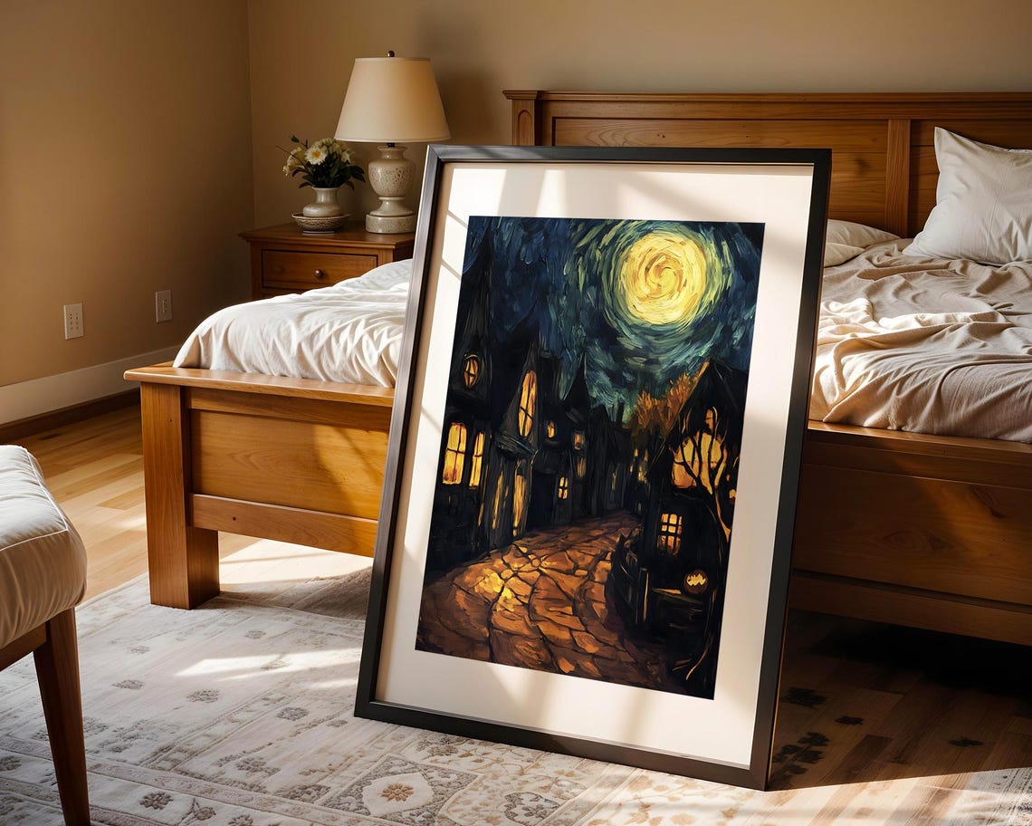 Moonlit Cobblestone Street Night Village Scene Old Town Poster