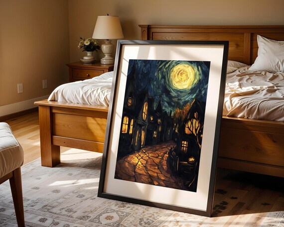 Moonlit Cobblestone Street Night Village Scene Old Town Poster