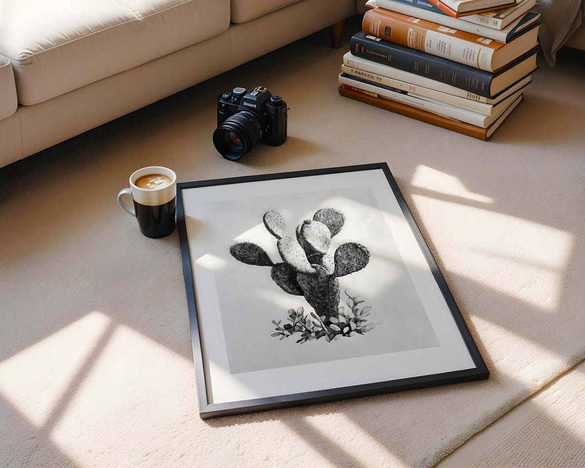 Charming Prickly Pear Cactus Black And White Pencil Sketch Poster - Image 6