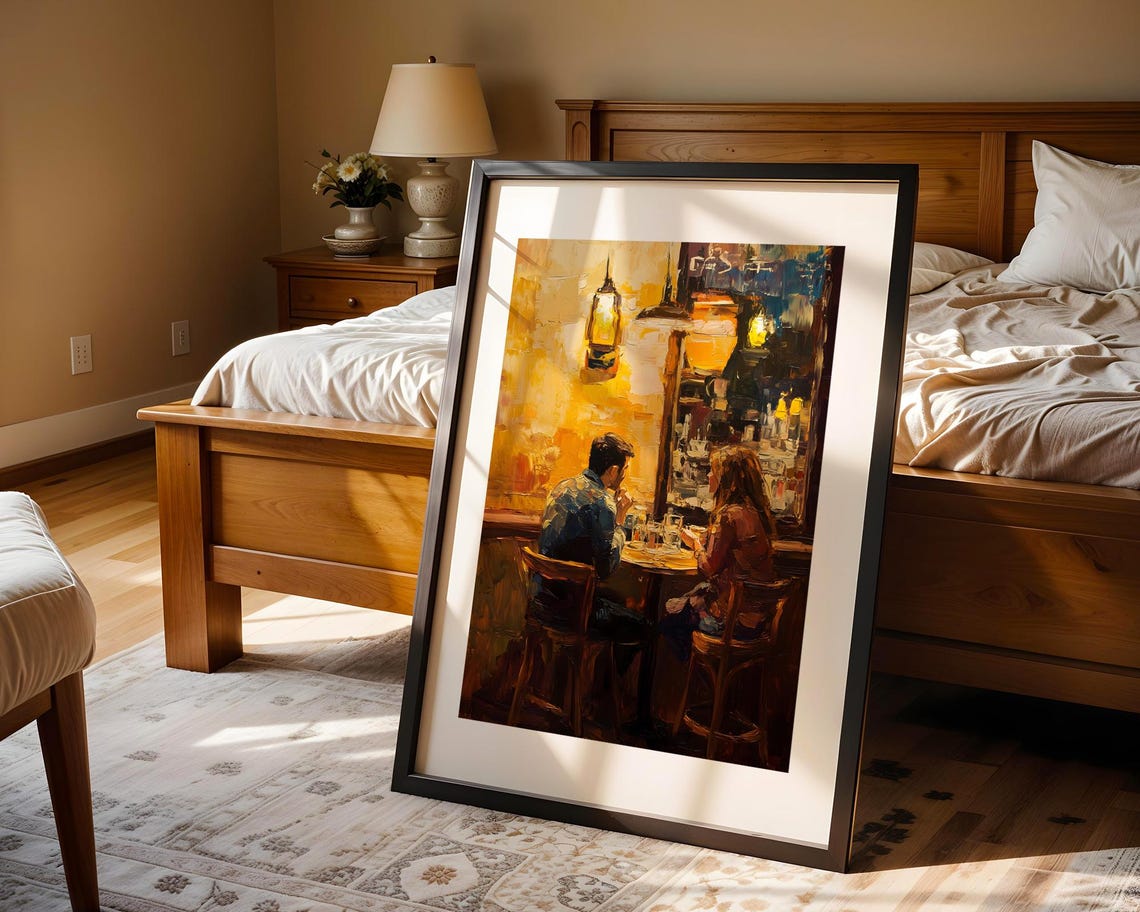 Romantic Couple Night Bar Warm Lamp Light Intimate Oil Painting Poster - Image 4