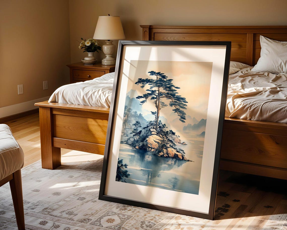 Lone Pine Tree on Rocky Island Japanese Ink Wash Painting Poster - Image 4