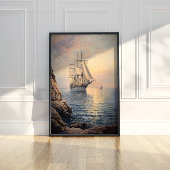 Tall Sailing Ship At Sunset Realistic Ocean Seascape Art Poster