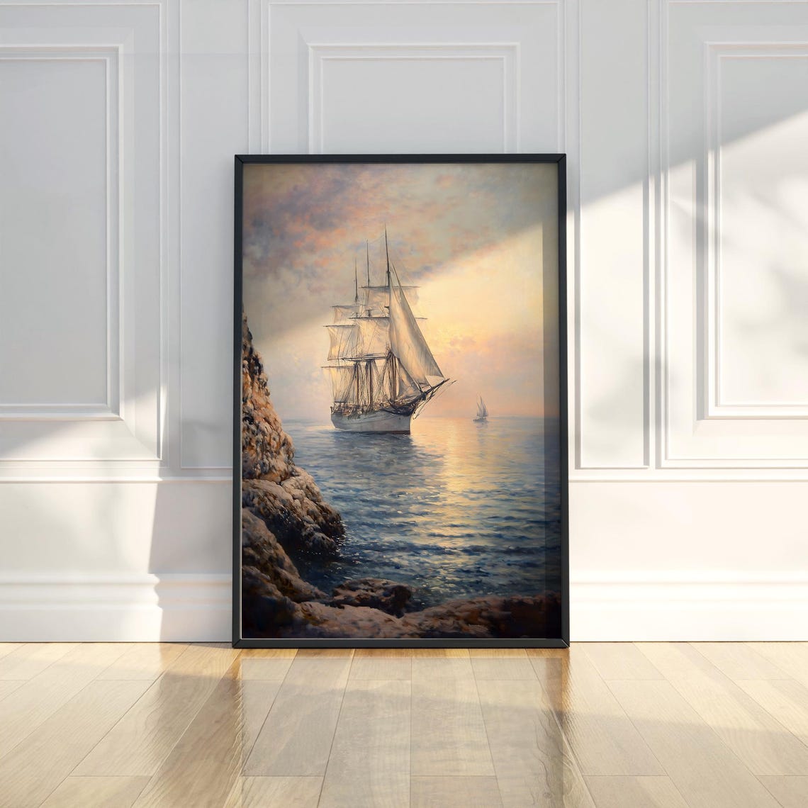 Tall Sailing Ship At Sunset Realistic Ocean Seascape Art Poster