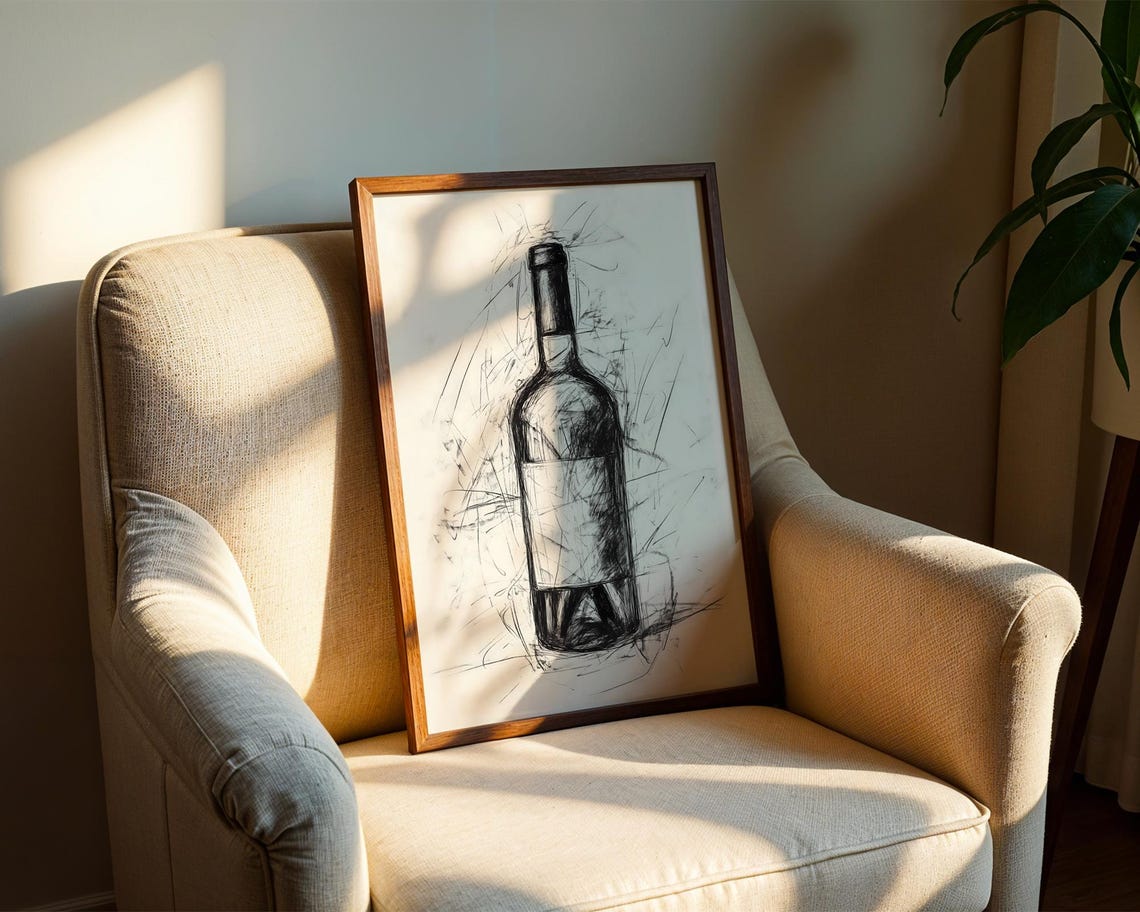 Wine Bottle Charcoal Sketch Black and White Kitchen Art Poster - Image 2