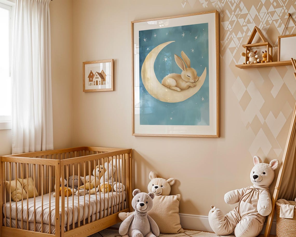 Sweet Sleeping Bunny Curled on Crescent Moon Starry Night Poster - Image 4