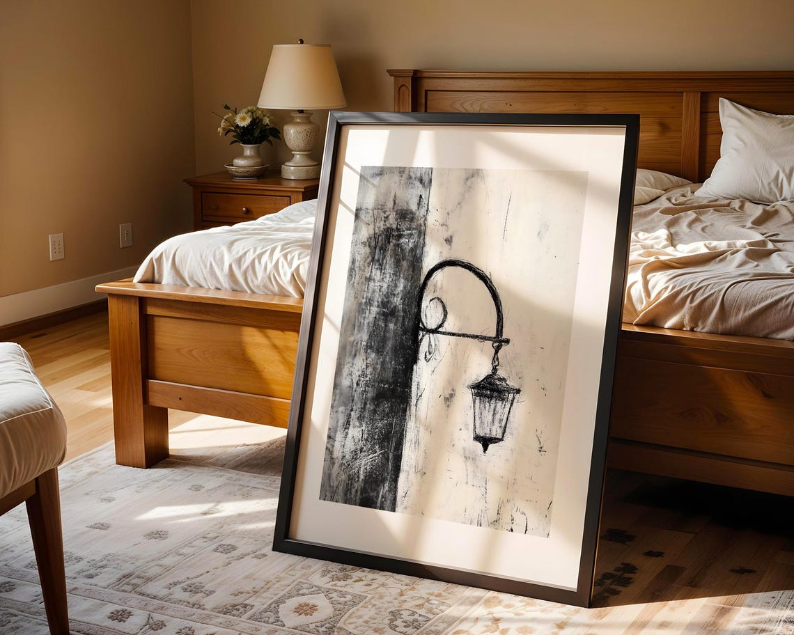 Vintage Street Lamp Charcoal Sketch Black and White Art Poster - Image 4