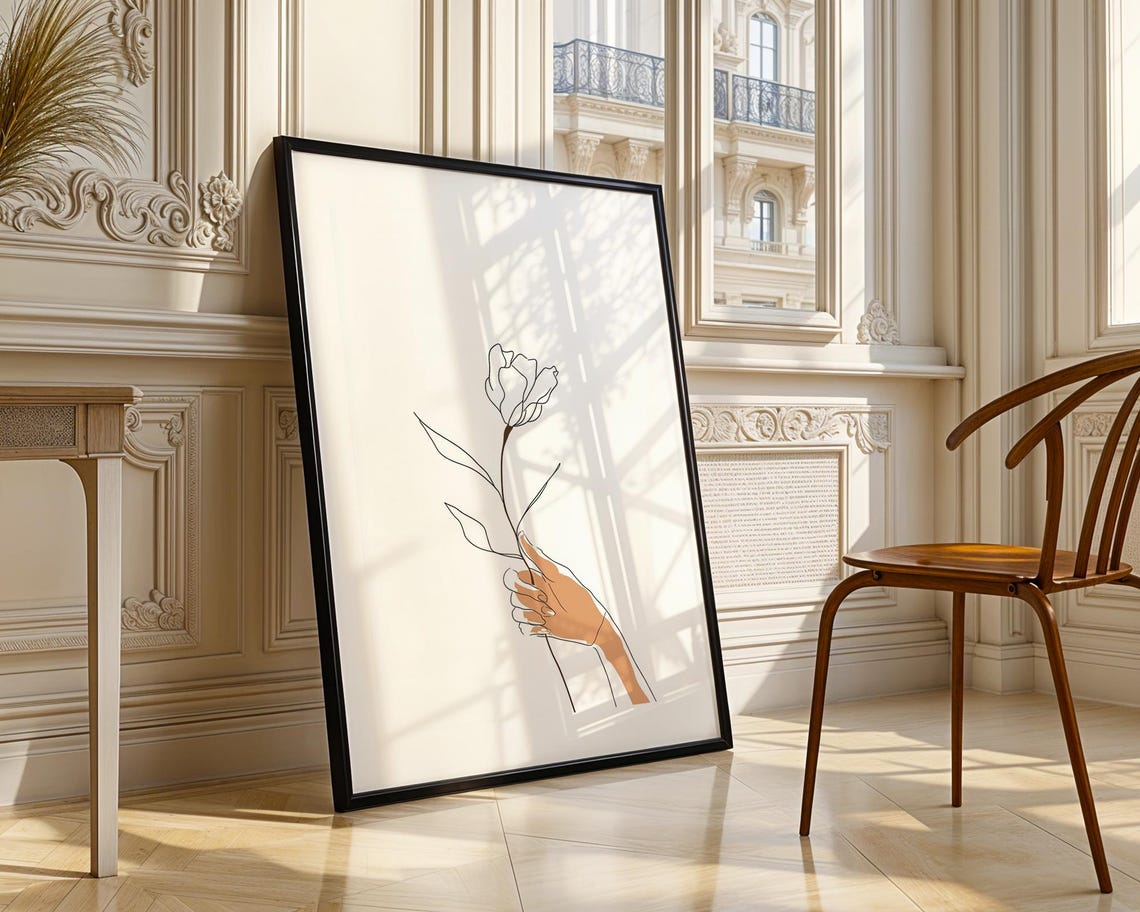 Hand Holding Blooming Flower Modern Floral Line Art Drawing Poster - Image 3