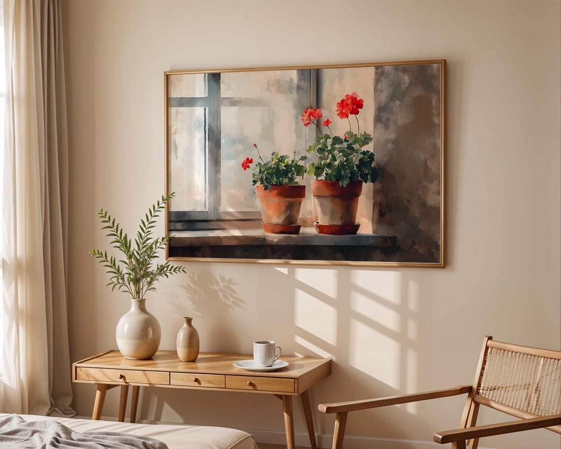 Red Geraniums Terracotta Pots Windowsill Watercolor Art Poster - Image 5