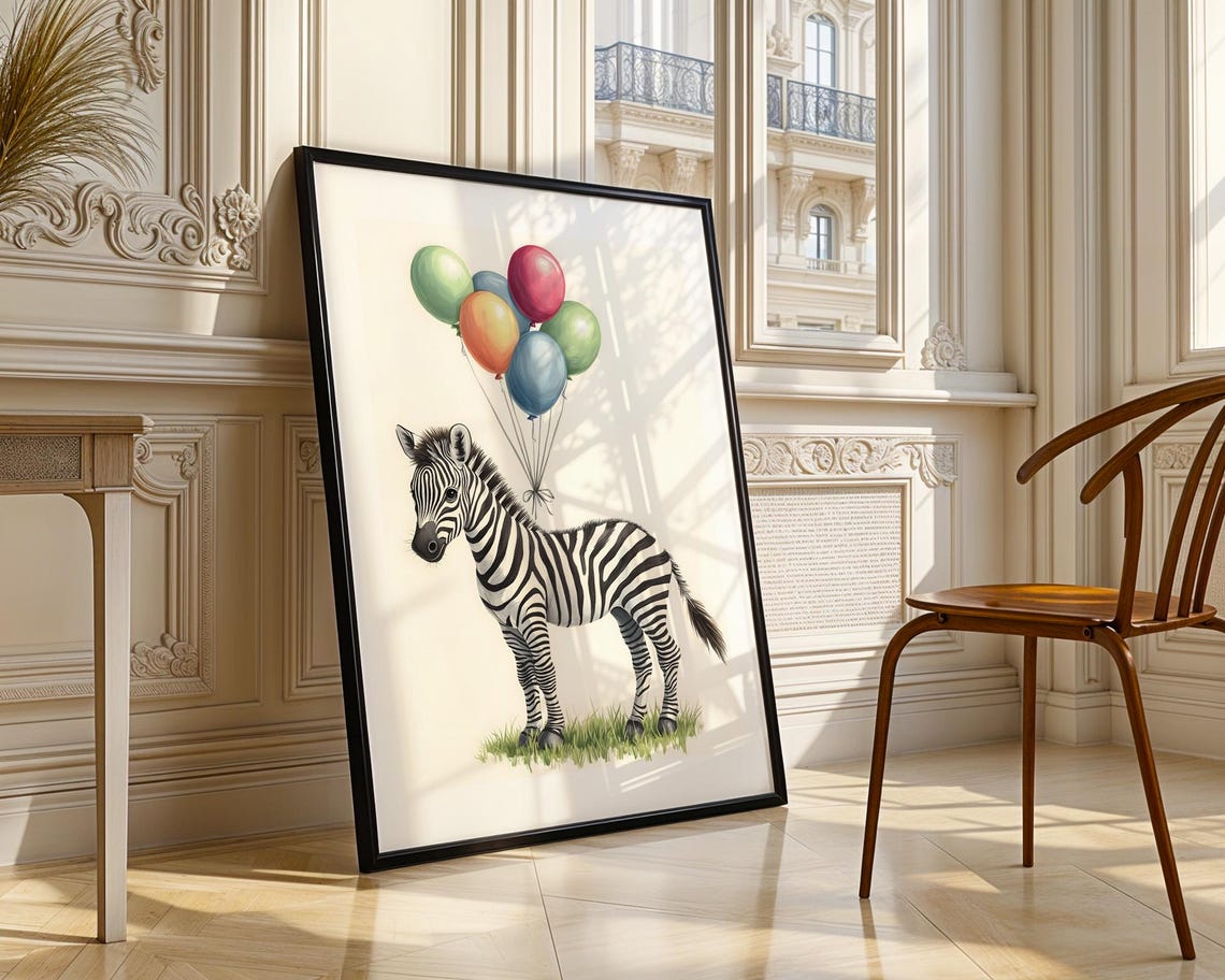 Cute Zebra With Colorful Balloons Whimsical Nursery Art Poster - Image 2