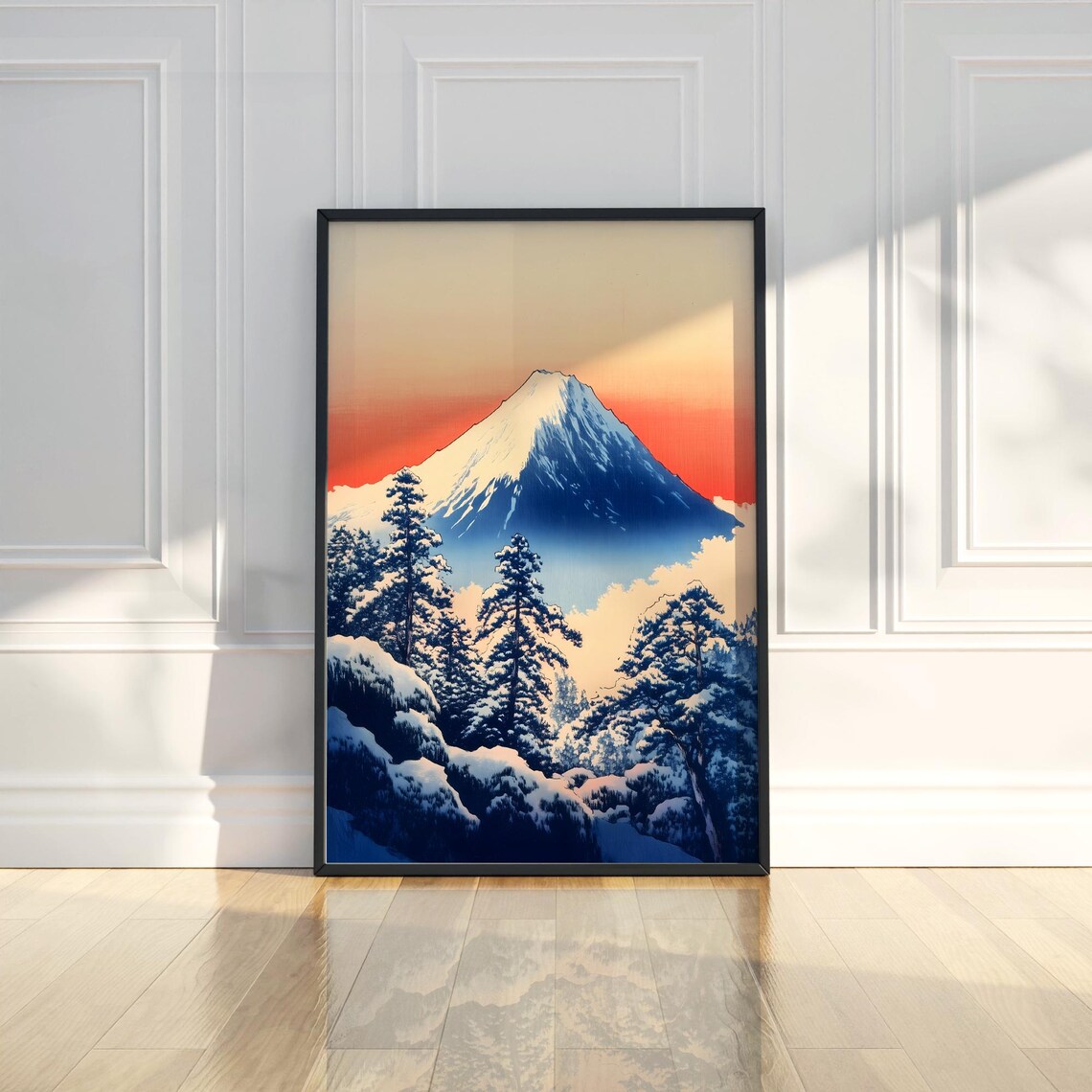 Snowy Mount Fuji Winter Red Sky Japanese Woodblock Art Poster